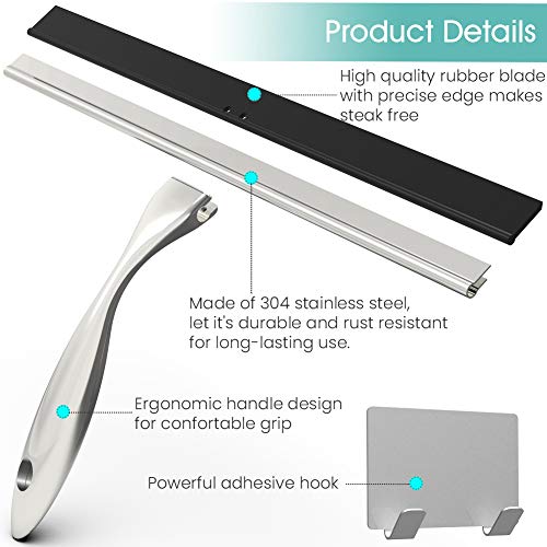 TopCharm Shower Squeegee for Shower Doors, Squeegee Shower Cleaner 14 Inch for All Purpose Mirror Car Glass Window Bathroom Squeegee for Shower with Hook and 6.8 Inch Long Handle, Stainless Steel