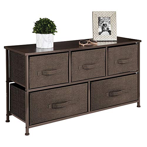 mDesign-Extra-Wide-Dresser-Storage-Tower-Sturdy-Steel-Frame-Wood-Top-Easy-Pull-Fabric-Bins-Organizer-Unit-for-Bedroom-Hallway-Entryway-Closets-Textured-Print-5-Drawers-Espresso-Brown
