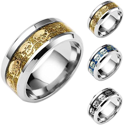 8mm Titanium Wedding Band for Men with Skull Pattern Beveled Edges Stainless Steel Rings
