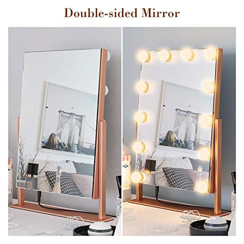 Ovonni Lighted Vanity Hollywood Makeup Mirror, Dimmable 360°Rotating Double-sided Tabletop Cosmetic Mirror with 12 LED Bulbs, Two Color Light Touch Control Memory Mode and Plug Powered, Rose gold