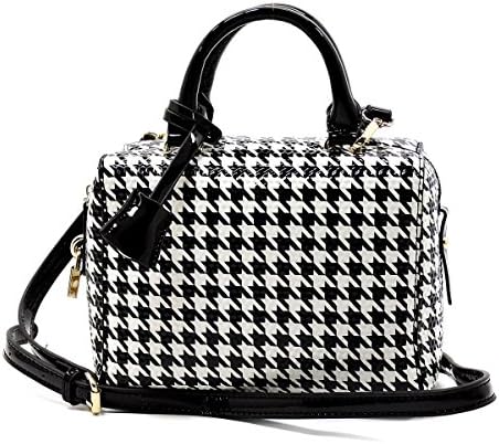 Elphis Houndstooth Glossy Box Satchel Crossbody Bag Purse (H049) (Black)