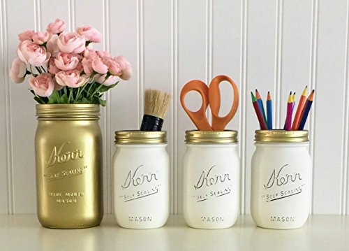 Oh My Stars Mason Jarsmason Jar Desk Decor 4 Piece Set Gold And White Office Accessories Makeup Organizer Vanity Set Dailymail