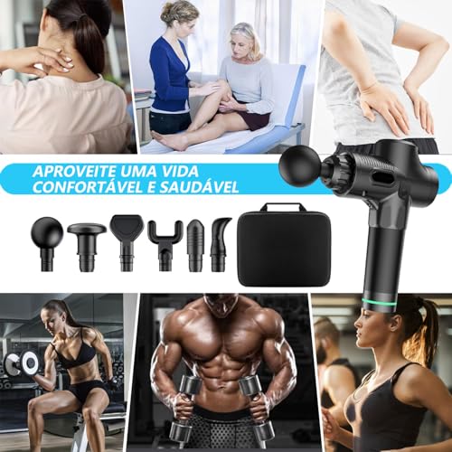 Massageador Eletrico, Pistola Massageadora Profissional, Massageador Muscular Corporal Portatil, Pistola de Massagem para Alívio da Dor, Relaxamento, Liberação Miofascial, 6 Ponteiras e 30 Velocidades