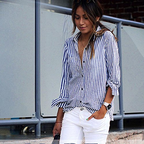 Nevera Women Striped Long Sleeve Loose V Neck Blouse Casual Ladies T Shirt Tops (L, Blue)
