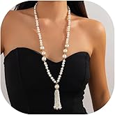 Long Pearl Necklaces for Women Faux White Pearl Layered Necklace Multi Sized Long Pearls Stacked Tassel Necklace Costume Jewelry