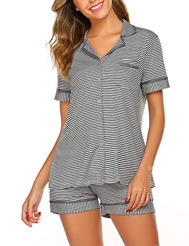 Ekouaer Women's Cotton Pajamas Sleepwear Short Sleeve Button-Down Pj Set（Dark Grey XL）