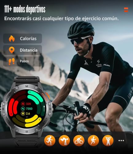 ESFOE Men's Smart Watch, 1.43 inch AMOLED Smartwatch Military Man with LED Flashlight/530mAh/5ATM Waterproof/Calls/120 Sports Modes/Heart Rate Monitor/Pedometer Android iOS Black
