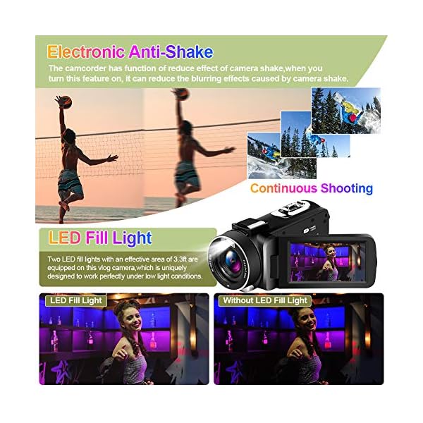 Videokamera 4K Camcorder Ultra HD 30MP 18X Camcorder mit LED-Fülllicht, 3,0 Zoll Drehbare Touchscreen Vlogging Kamera… – Bild 6