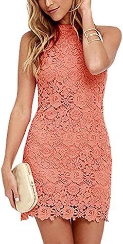 Sexy Halter Lace Dress Sleeveless Backless Bodycon Dress High Neck Lace Dresses for Evening Prom Cocktail Vacation Wedding Party Special Occasions (10 / X-Large, Pink)