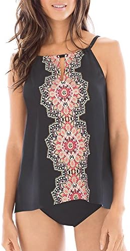 Womens Two Pieces Tribal Printed Flyaway Tankini Retro Floral Sets Black Triangle Minimalist Swimsuit(Black-XL)