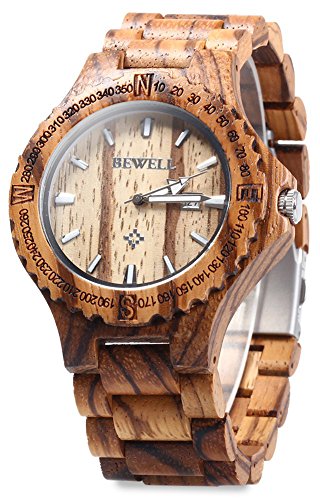 BEWELL ZS-W023A Mens Wooden Watch Zebra wood Lightweight Calendar Quartz Wrist Watch (FBA)