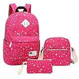 Casual Backpack, Aiduy School Student Backpack Bookbags Lightweight Canvas Daypack with Shoulder Bag and Pencil Case for Girls Women (Rose Red)
