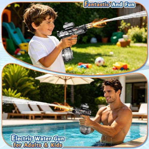 Elektrische Wasserpistole für Erwachsene & Kinder, Transparent Automatik Wasserspritzpistole mit simuliertem Flammenlicht, Große Reichweite Elektrische Spritzpistolen Spielzeug für Pool Strand