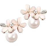 Dainty Pearl Flower Stud Earrings 925 Sterling Silver Pin Crystal Cubic Zirconia Cat Eye Stone Flowers Cultured Freshwater Pearls Studs Earring Delicate Hypoallergenic Jewelry Gifts for Women Mother