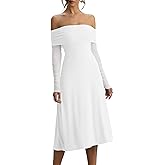 HOCILLE Women's Sexy Off The Shoulder A Line Midi Dresses Long Sleeve Elegant Formal Wedding Guest Party Cocktail Dress