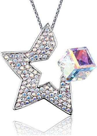 Rainbow Crystal Silver Rhinestone Necklace-Open Star Rhinestone with Cube Rainbow Crystal Gifts for Lady Women