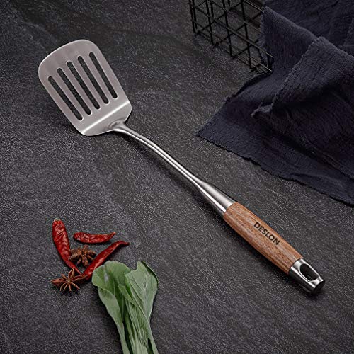 Deslon 304 Stainless Steel Slotted Spatula Turner with Vacuum Ergonomic wood Handle, Comfortable Grip Design for Kitchen