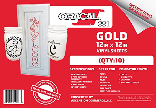 (10) 12" x 12" Sheets - Oracal 651 Gold Adhesive Craft Vinyl for Cricut, Silhouette, Cameo, Craft Cutters, Printers, and Decals - Gloss Finish - Outdoor and Permanent