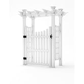 VITA Fairfield Deluxe Garden Arbor with 60 in. Gate, White Vinyl Outdoor Garden Arch with Architectural Lattice Panels for Climbing Plants, Roses &amp; Vines, Weather-Resistant Maintenance-Free, VA84270