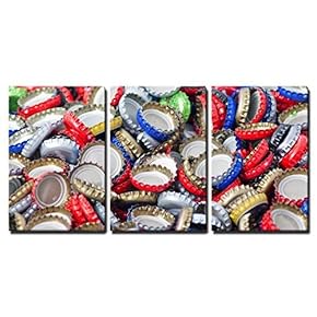 3 Piece Canvas Wall Art - Bottle Caps Background - Modern Home Art Stretched and Framed Ready to Hang - 16" x 24" x 3 Panels