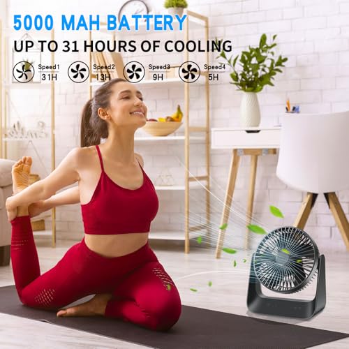 HONEYYEAR 5000mAh Small Desk Fan 6-Inch, Portable Desktop Fan with Intelligent temperature control function,Small Battery Operated USB Fan with Light & Hook for Bedroom, Home, Office, Travel & Cruise