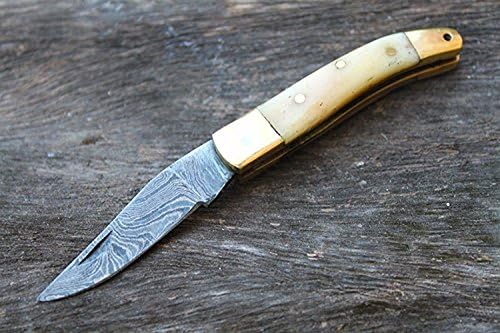 Damascus Miniature Pocket 1.6" Folding knife w/ Buffalo Bone, Brass Bolsters &amp; Leather Sheath UDK-2MS-14