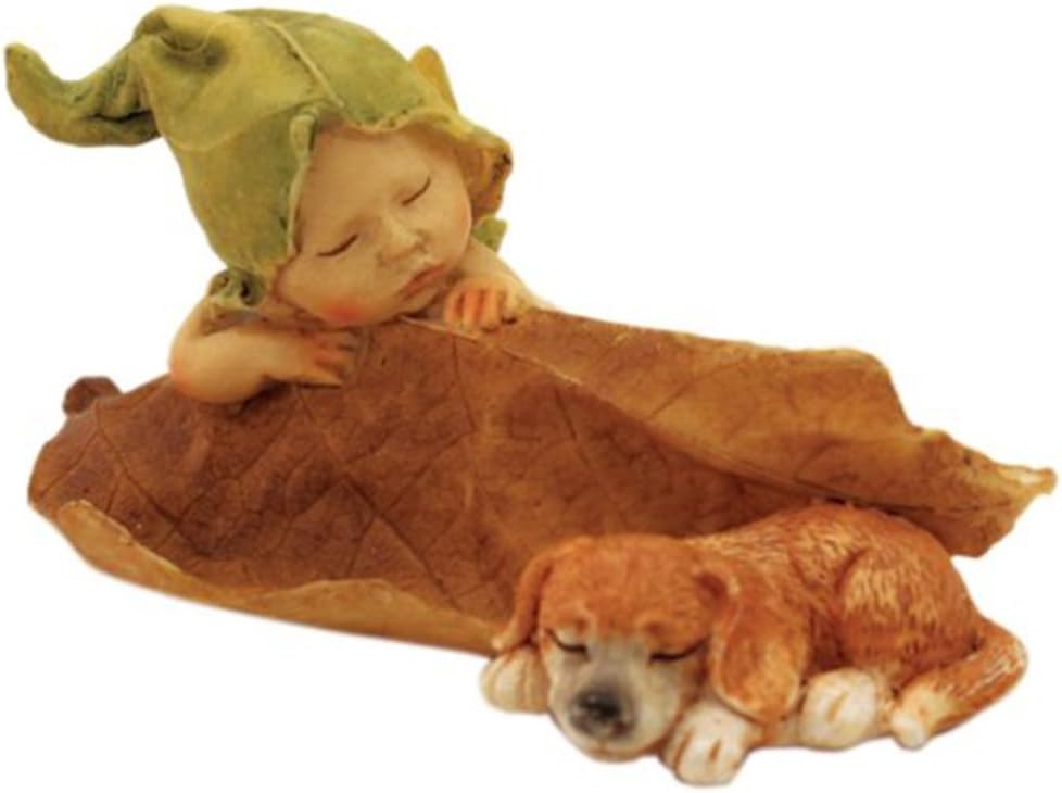 Miniature Fairy Garden and Terrarium Decorations Lovely Resin Sleeping Fairy Baby with Puppy Figurine Table or Shelf Decor