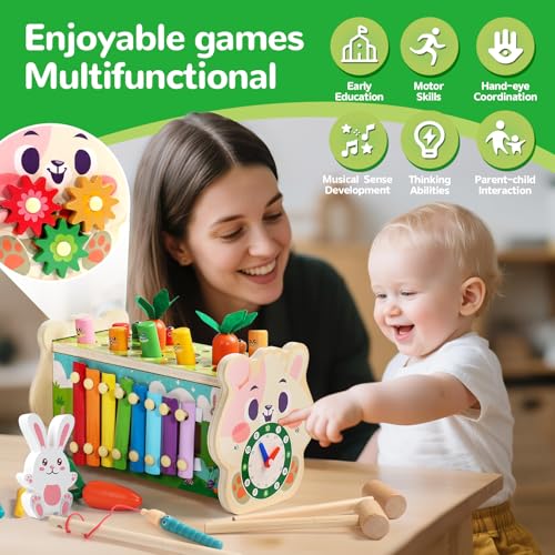 Fajiabao Montessori 1 Year Old Baby Toy - 7 in 1 Wooden Educational Toy Child Toy 1 Year Old Game Hammer and Xylophone Baby, Picking Turnips, Gift Child 1 2 3 Years Boy Girl Birthday Gift