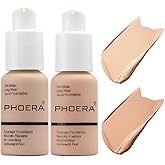 2 Pack PHOERA Foundation 102# Nude 103# Warm Peach,Flawless Soft Matte Liquid Foundation 24 HR Oil Control Concealer Foundation Makeup.