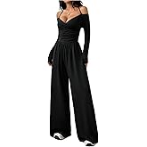 SOLY HUX Women's Wide Leg Jumpsuit Halter Off the Shoulder Long Sleeve Ruched Baggy Pants Romper
