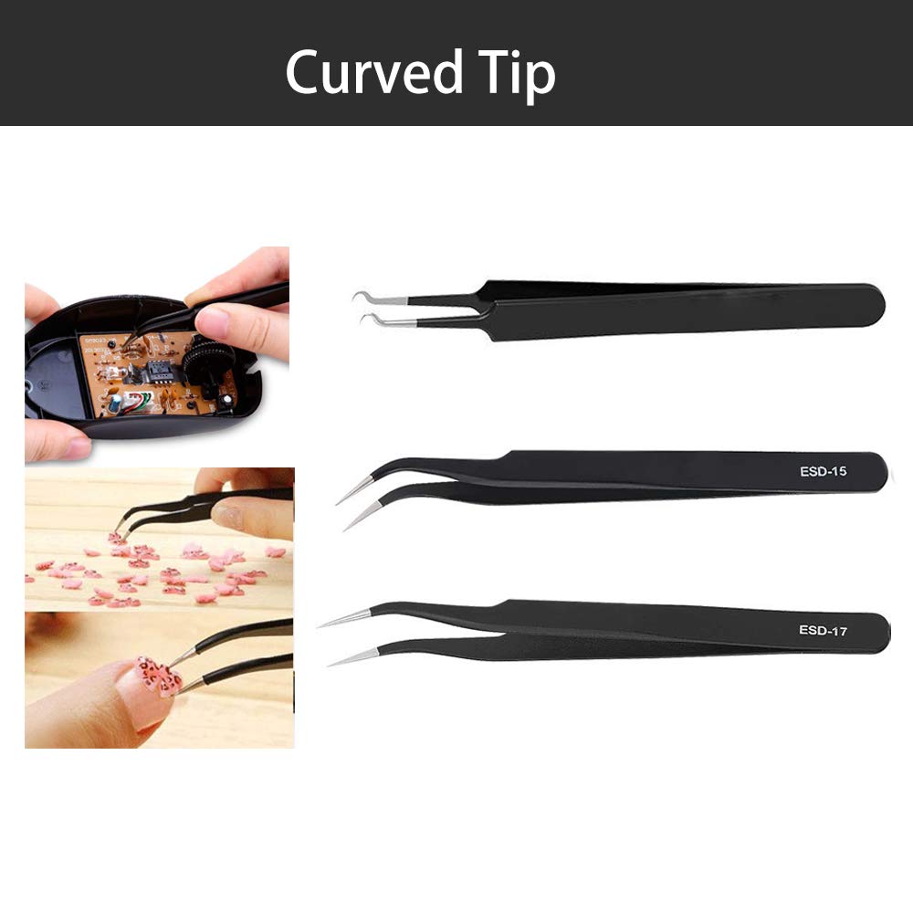 BOENFU Precision Tweezers Set 12 PCS Electronic Tweezers ESD 11, 12, 13, 15, 17 Pointed Tip Tweezers Kit for Electronics,Soldering, Craft, Jewelry, Ingrown, Eyelash