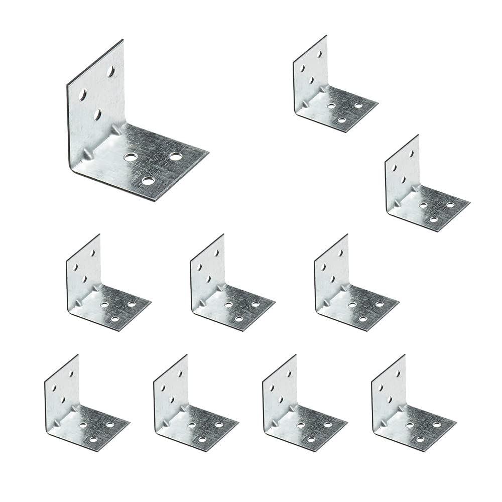 VHG Corner Brackets Wood Connectors - Pack of 10 (40 x 40 x 40 x 1.5) Heavy Duty Reinforced Braces, L Shaped Angle Connector with Beading, Timber Joining Fixing, Galvanised Steel Metal Sheet