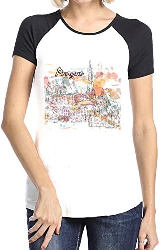 Crossing Womens Prague Line Painting Architecture Watercolor Inkjet Background Raglan T-Shirt for Women XXL black