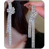 Chargances Fashion Long Tassle Knot Stud Earrings for Women Charm Zircon Glitter Dangle Earrings Rhinestone Acccessories for Holiday Party