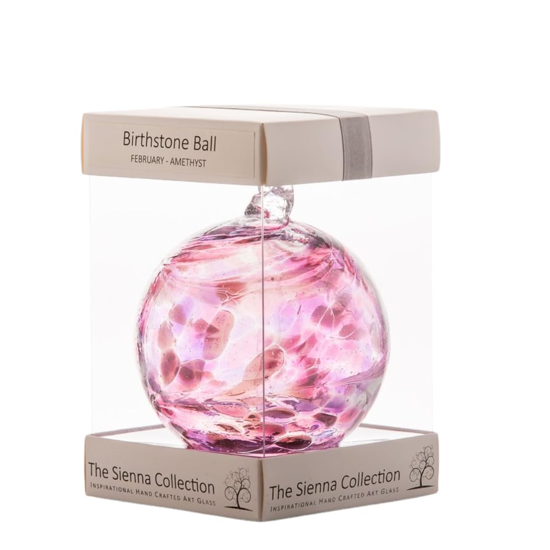 Sienna Glass 10cm February Birthstone Friendship Ball – Handcrafted Mouth-Blown Amethyst-Coloured Glass Ornament – Gift-Boxed Decoration with Hanging Ribbon and Tag – Symbolic Keepsake for Birthdays