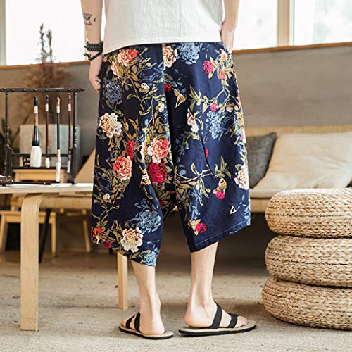 VEZAD Men Harem Pants Jogger Fitness Chinese Style Printed Linen Loose Cropped Trousers