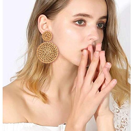 XOCARTIGE Woven Rattan Earrings Handmade Wicker Earrings Straw Knit Hoop Earrings Lightweight Raffia Braid Drop Dangle Earring for Women Girls (Double Disc) - Thumbnail 2