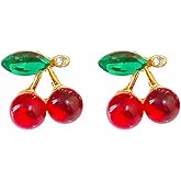 Cherry Fruit Crystal Small Earrings Gold Plated Handmade Charm Sweet 3D Red Fruits Green Leaf Glitter Rhinestone Cubia Zirconia Stud Earrings for Women Birthday Valentine Party Jewelry Gifts
