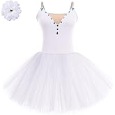 AFAVOM 2PCS Glitter Women Ballet Leotards Long Dance Ballerina Costume Adult Ballet Dress with Hair Clip Camisole Leotard