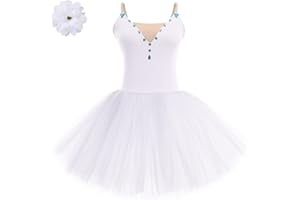 AFAVOM 2PCS Glitter Women Ballet Leotards Long Dance Ballerina Costume Adult Ballet Dress with Hair Clip Camisole Leotard
