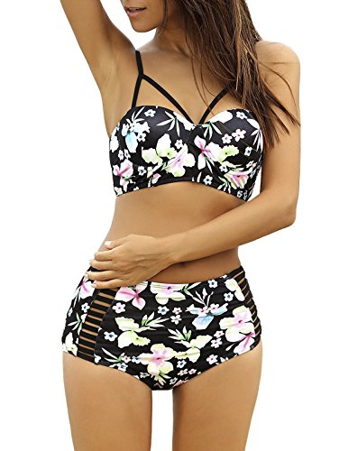 Lalagen Women's Strappy Hollow Out Floral Swimwear High Waist Bikini Sets Black L