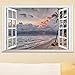 DNVEN Window Grey Dark Sky Beachside False Faux Window Frame Murals 3D Full Color Vinyl Bedroom Living Room Playrooms Wall Decals Stickers 24 inches x 16 inches