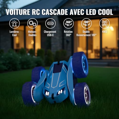 MaxTronic Exclusive Double Direct Charging Remote Control Car with Adjustable LED 360° Stunt 15km/h Off-Road RC Toy Party Gift for 3-12 Years Boy Girl