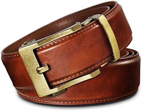 Men's Leather Ratchet Click Belt - Lincoln Antique Brass Buckle w/Saddle Tan Leather Belt (Trim to Fit: Up to 40'' Waist)