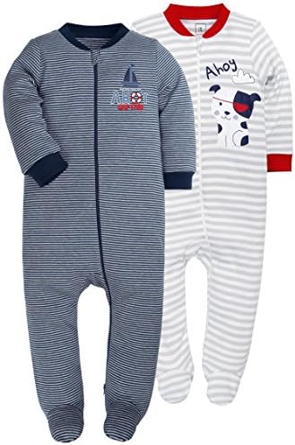SHENGWEN Baby Boys’2 Pack Footed Sleeper Yarn-Dyed Striped Baby Pajamas Set (Blue/Grey, 9-12 Months)