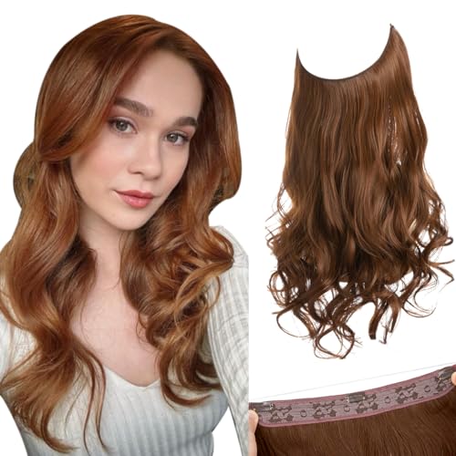Photo 1 of SARLA Invisible Wire Hair Extensions with 3 Clips Synthetic Wavy Curly Hairpiece Adjustable Transparent Headband for Women 16 Inch Light Auburn