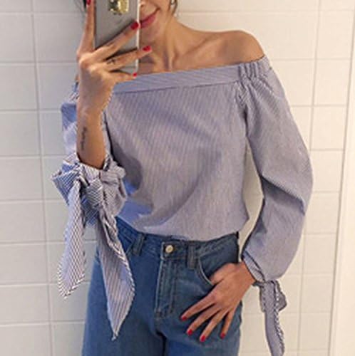 BRITTANY TINCHER Women Short-Sleeve Hot Sale Sexy Fashion Bowknot Blouse Casual Loose Blue Striped Off Shoulder Shirts