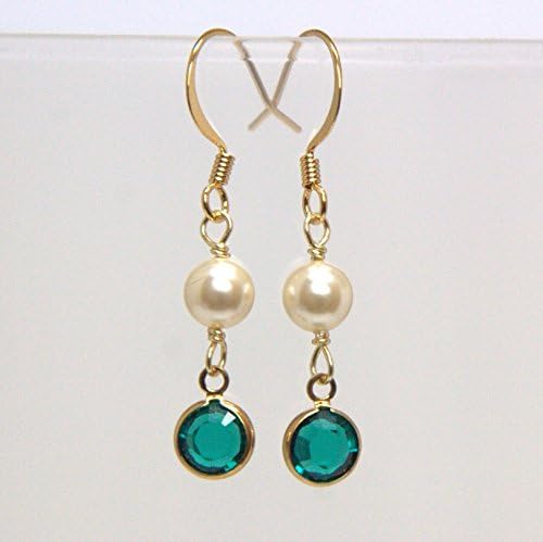 Crystal Channel Drop Earring - Round Cream Pearl, 1-in (Emerald Color)