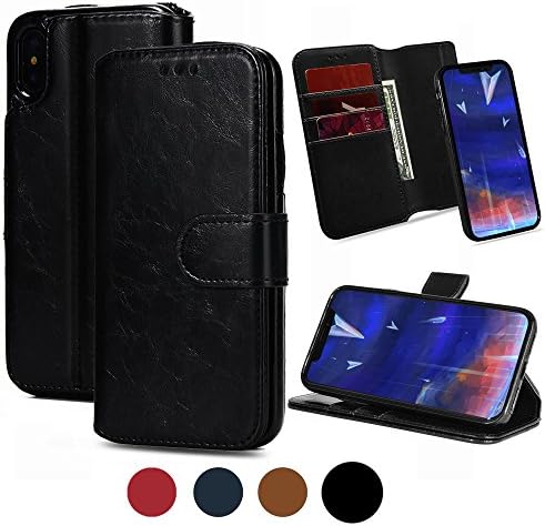 iPhone X Wallet Case with Credit/ID Card Holder/Slots&amp;Detachable Magnetic Slim Case, 2 Way Kick-stand, Made with Premium Faux Leather-Black By Weforever