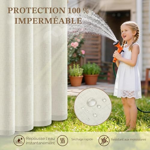 Linen Outdoor Curtain, Set of 2 Waterproof Outdoor Curtains, Outdoor Pergola Curtain with Eyelets at the Top, Blackout Outdoor Curtain for Patio, Balcony, Gazebo, Door (132 x 215 cm, Beige)